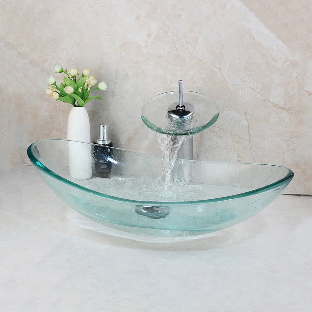 DecorBites™ Glass Waterfall Tap Hand-Painted Basin Mixer Faucet Chrome Lavatory Sink