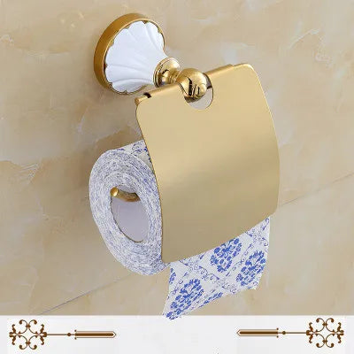 DecorBites™ Gold & White Bathroom Accessories Set: Corner Shelf, Paper Holder, Towel Holder, Toilet Brush Holder, Towel Rack