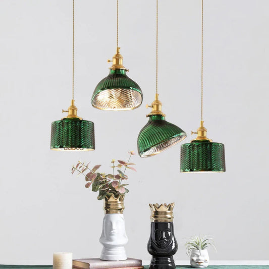 DecorBites™ Green Glass LED Chandelier: Minimalist Brass Hanging Lights