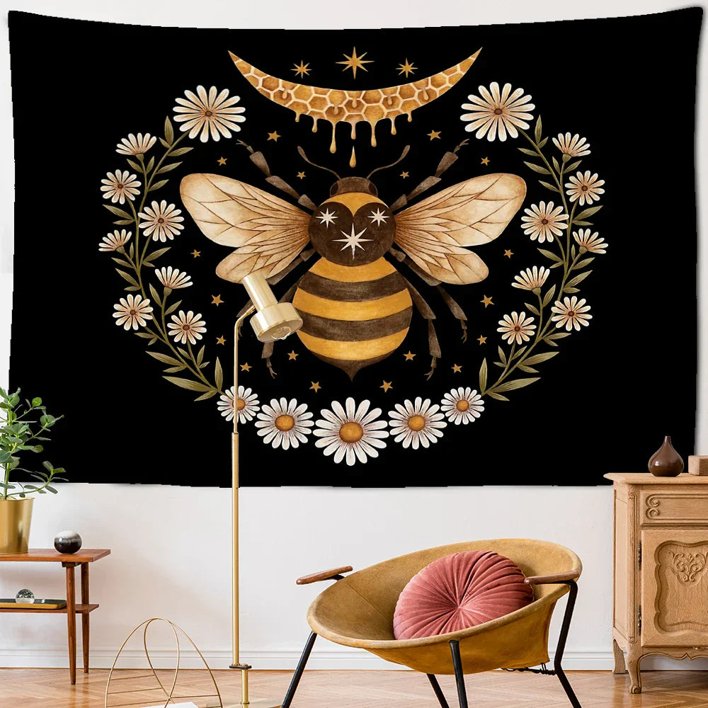 Decobites Psychedelic Bee Tapestry Wall Daisy Flower Home Decor for Bohemian Hippie Vibes