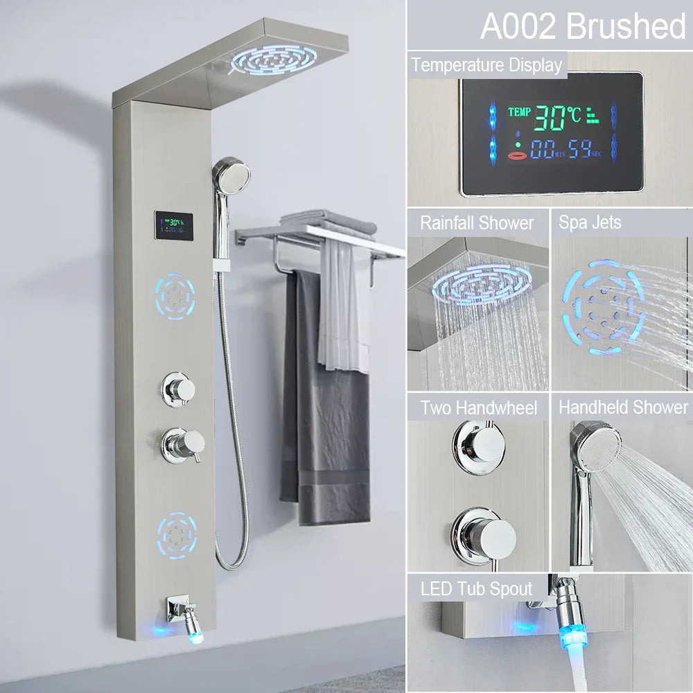 Sistema de Grifo de Ducha con Luz LED Decorbites™: Lluvia, Chorros de Masaje, Panel de Cascada con Control de Temperatura