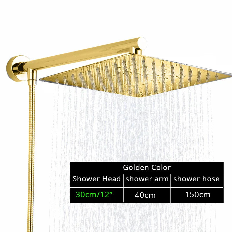 Juego de cabezal de ducha tipo lluvia ultrafino negro DecorBites™ con soporte de brazo, manguera y grifo.