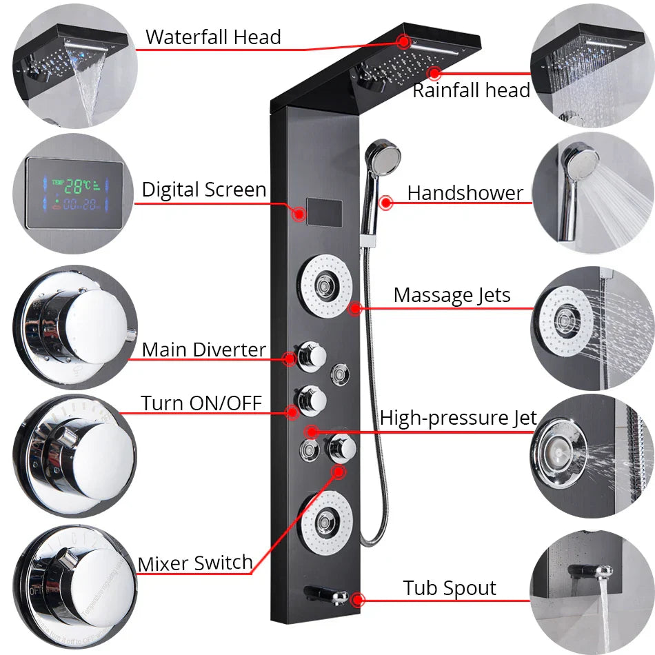 حوض استحمام مع خلاط عمودي من DecorBites™ LED مزود بشاشة درجة حرارة وتدليك.