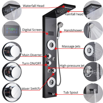 حوض استحمام مع خلاط عمودي من DecorBites™ LED مزود بشاشة درجة حرارة وتدليك.