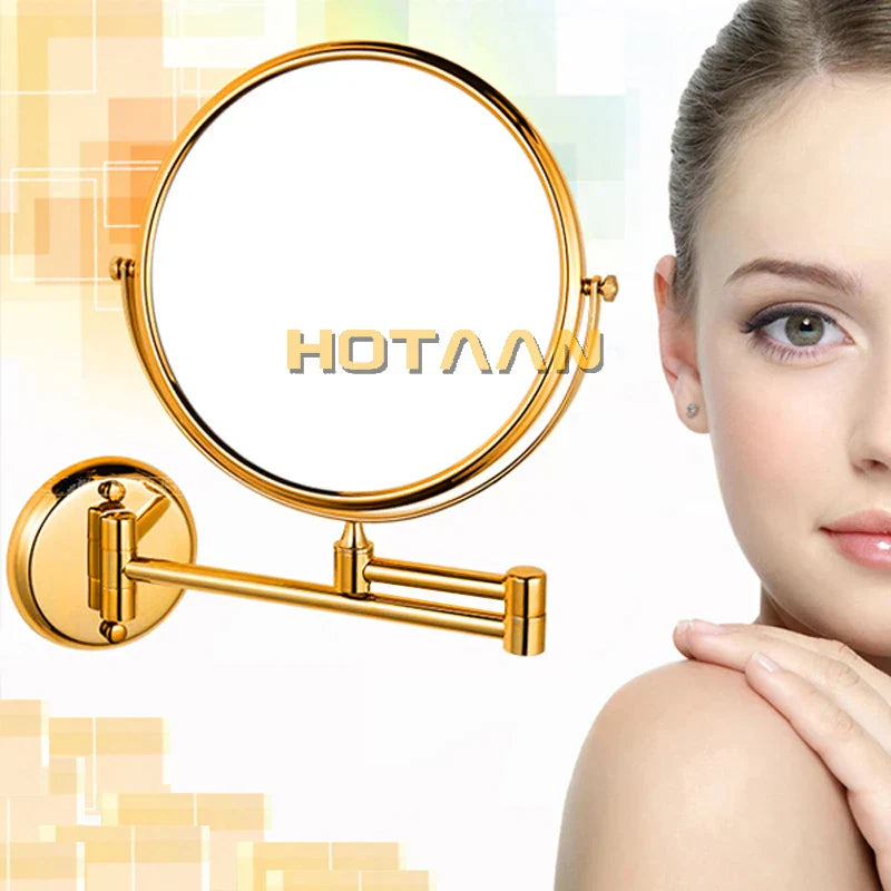 DecorBites™ Gold Brass Wall Mounted Double Cosmetic Mirror 8 Inch, 1:1 and 1:3 Magnification