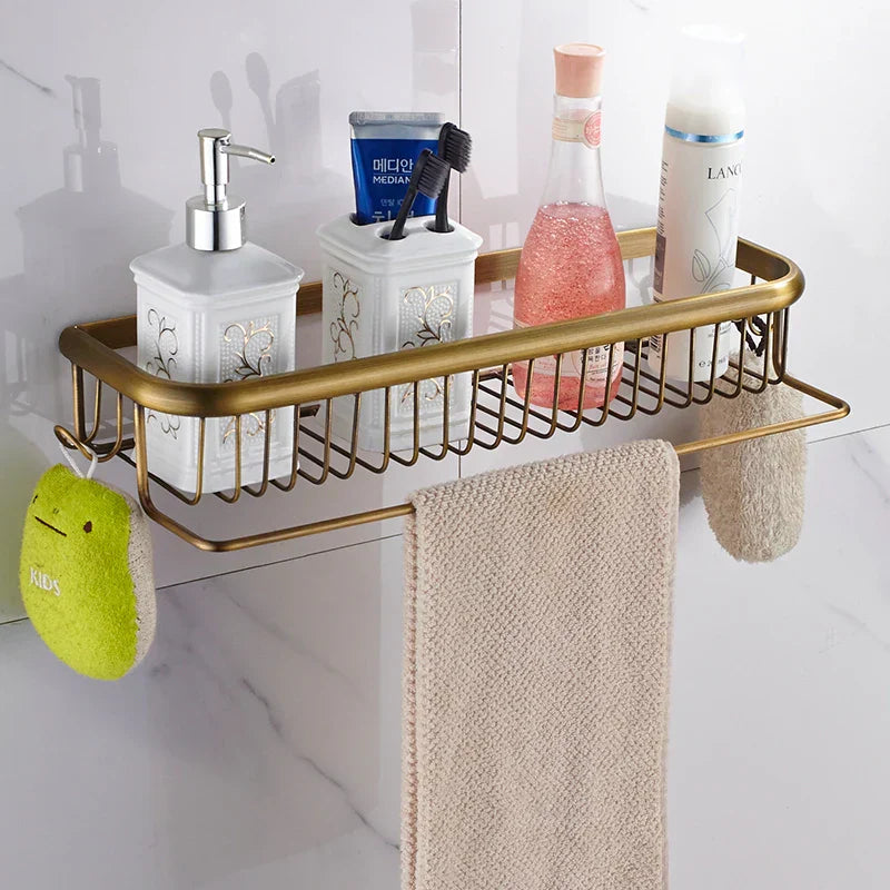 Estante de baño de latón dorado Decorbites™ con perchero para toallas, soporte para champú y canasta