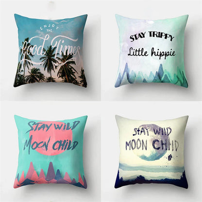 Funda de almohada DecorBites™ con hojas tropicales verdes y diseño de bosque - Decoración natural de olas del océano y montañas