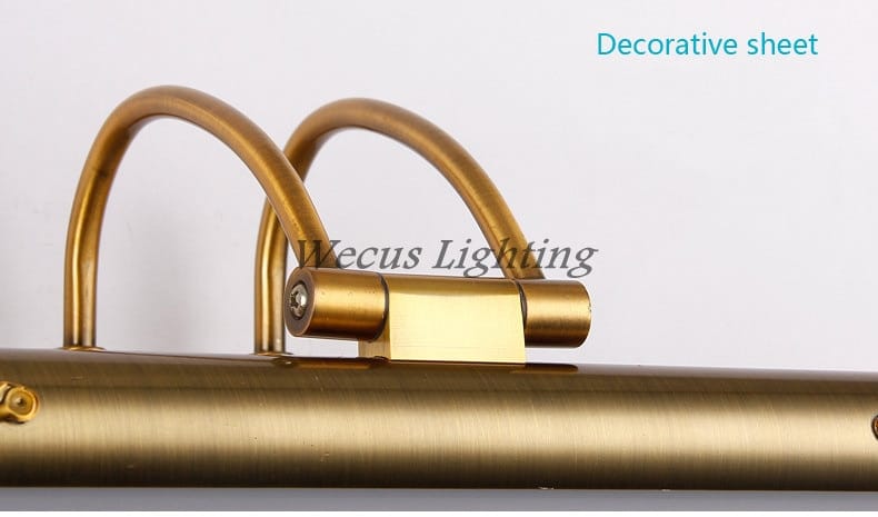 Gold-finished metal wall-mounted led mirror lamp with curved arms and rectangular central fixture for bathroom wall decor