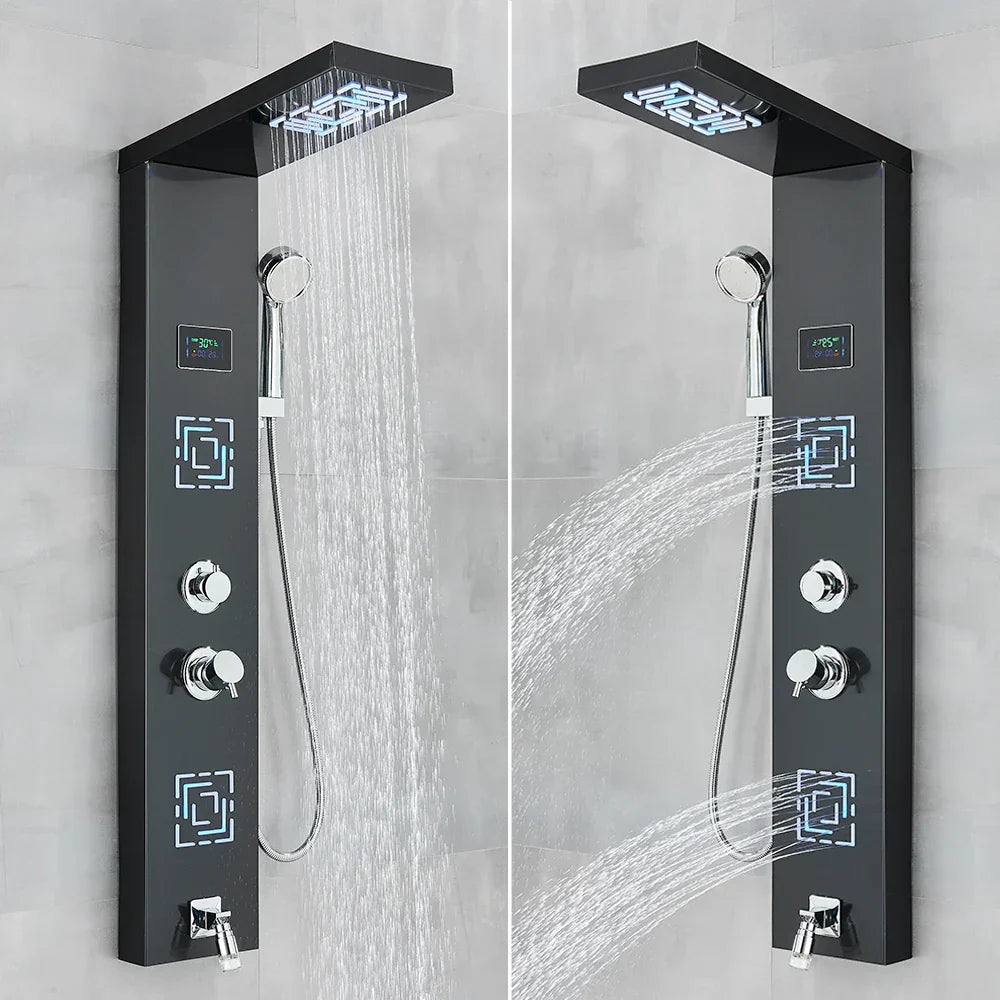 Sistema de Grifo de Ducha con Luz LED Decorbites™: Lluvia, Chorros de Masaje, Panel de Cascada con Control de Temperatura
