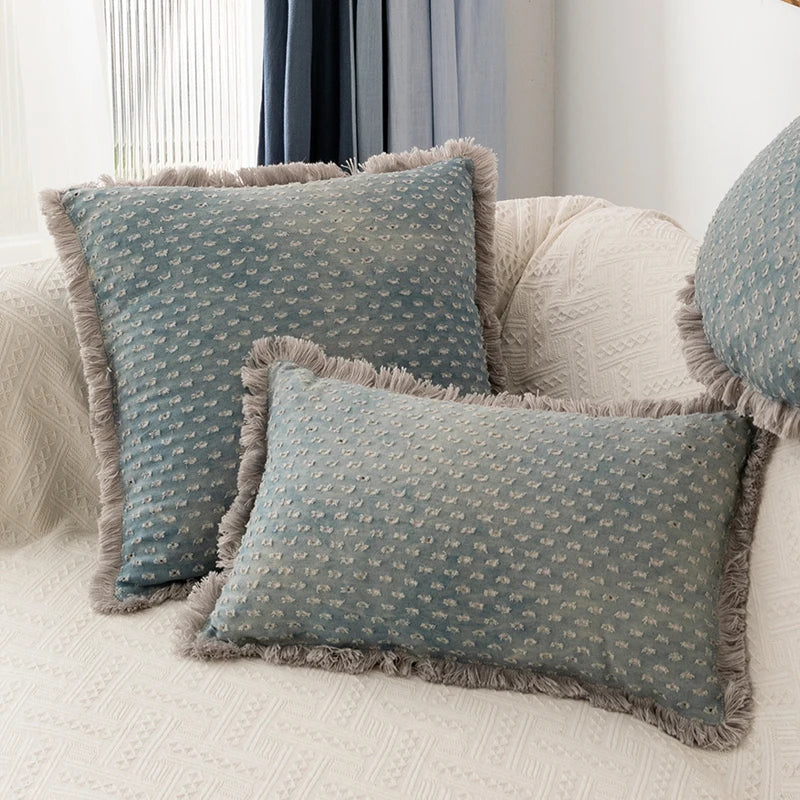 DecorBites™ Denim Fringed Cushion Cover 45x45cm Square for Home Sofa Bed Decoration
