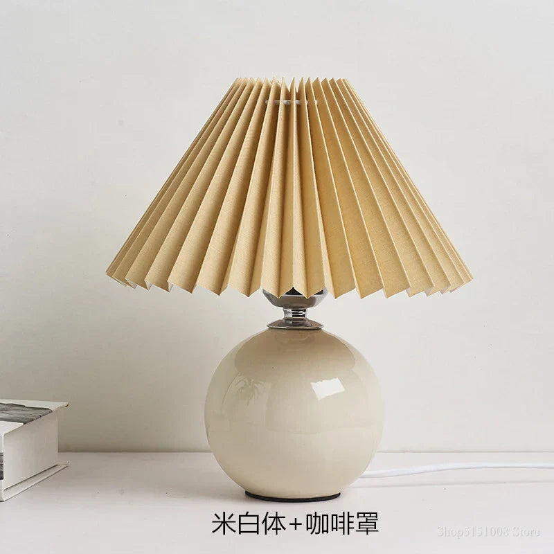 DecorBites™ Japanese Ceramic Table Lamps Living Room Pleated Skirt Lampshade Warm Bedroom Lighting