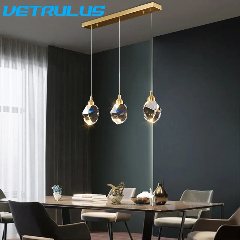 DecorBites™ Diamond Crystal LED Chandelier, Brass Ceiling Pendant Light for Dining Room