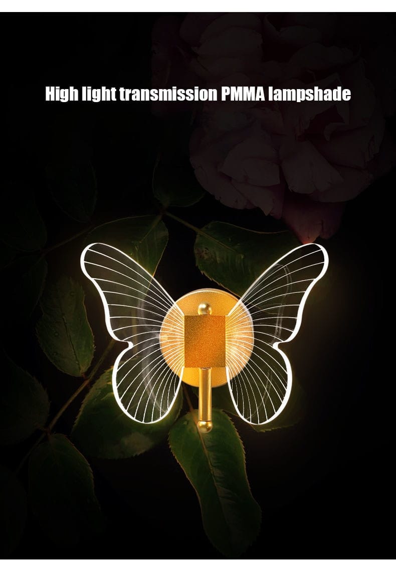 Modern nordic gold led butterfly wall lamp featuring a translucent butterfly-shaped design with a golden central body and glowing white high-light-transmission pmma wings is ideal as a bedroom wall lamp or copper led butterfly accent.