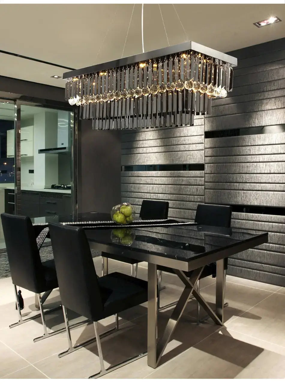 Modern black rectangle crystal chandelier featuring cascading crystal droplets and a sleek metallic frame suitable for dining room hanging light.