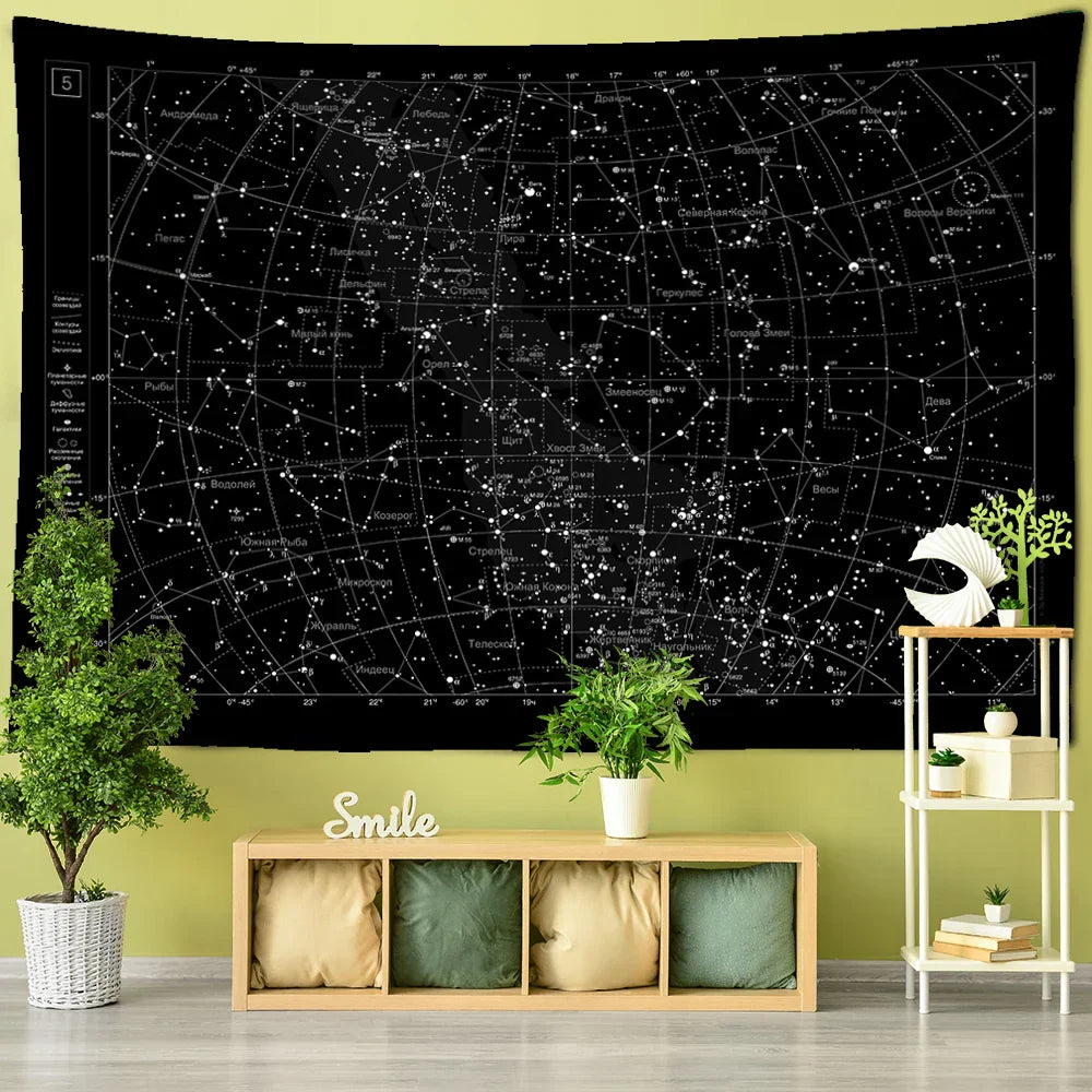 Decobites Interstellar Sky Map Constellations Tapestry- Black Galactic Wall Decor