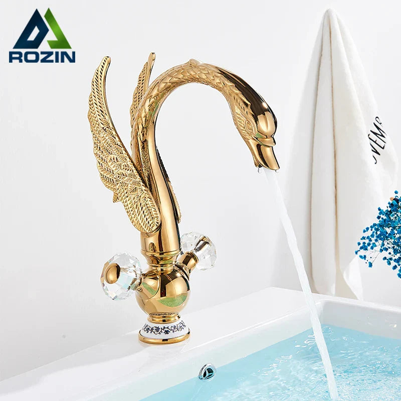 Decorbites™ Grifo de Lavabo Golden Swan: Latón Macizo, Montaje en Cubierta, Mezclador de Doble Manija