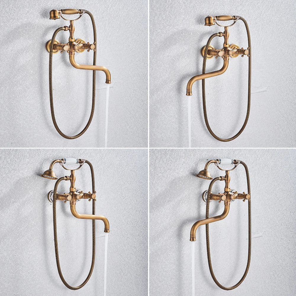 DecorBites™ Brass Antique Tub Faucet with Long Spout, Rotate Handle and Handshower