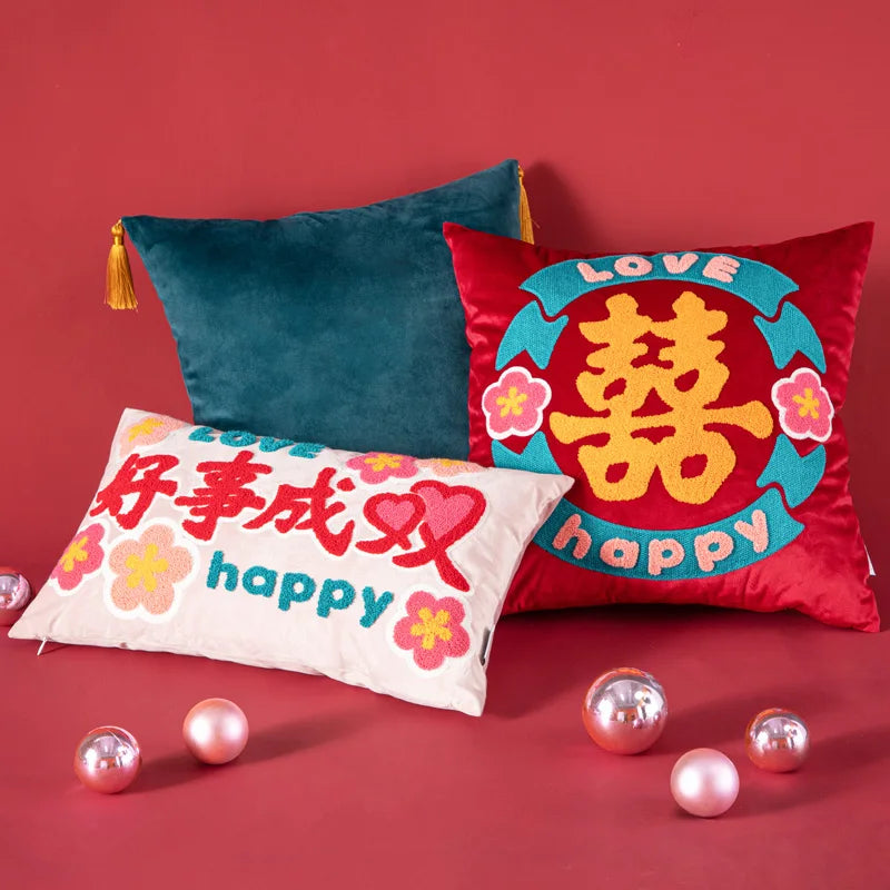 DecorBites™ Good Fortune Embroidered Cozy Cushion Cover for Sofa, Chair - Chinese Features