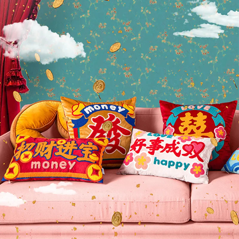DecorBites™ Good Fortune Embroidered Cozy Cushion Cover for Sofa, Chair - Chinese Features
