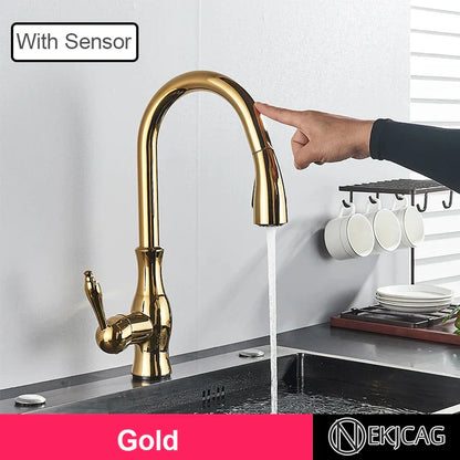 DecorBites™ Gold Sensor Kitchen Faucet Pull Out Touch Control Mixer Tap Sink Crane