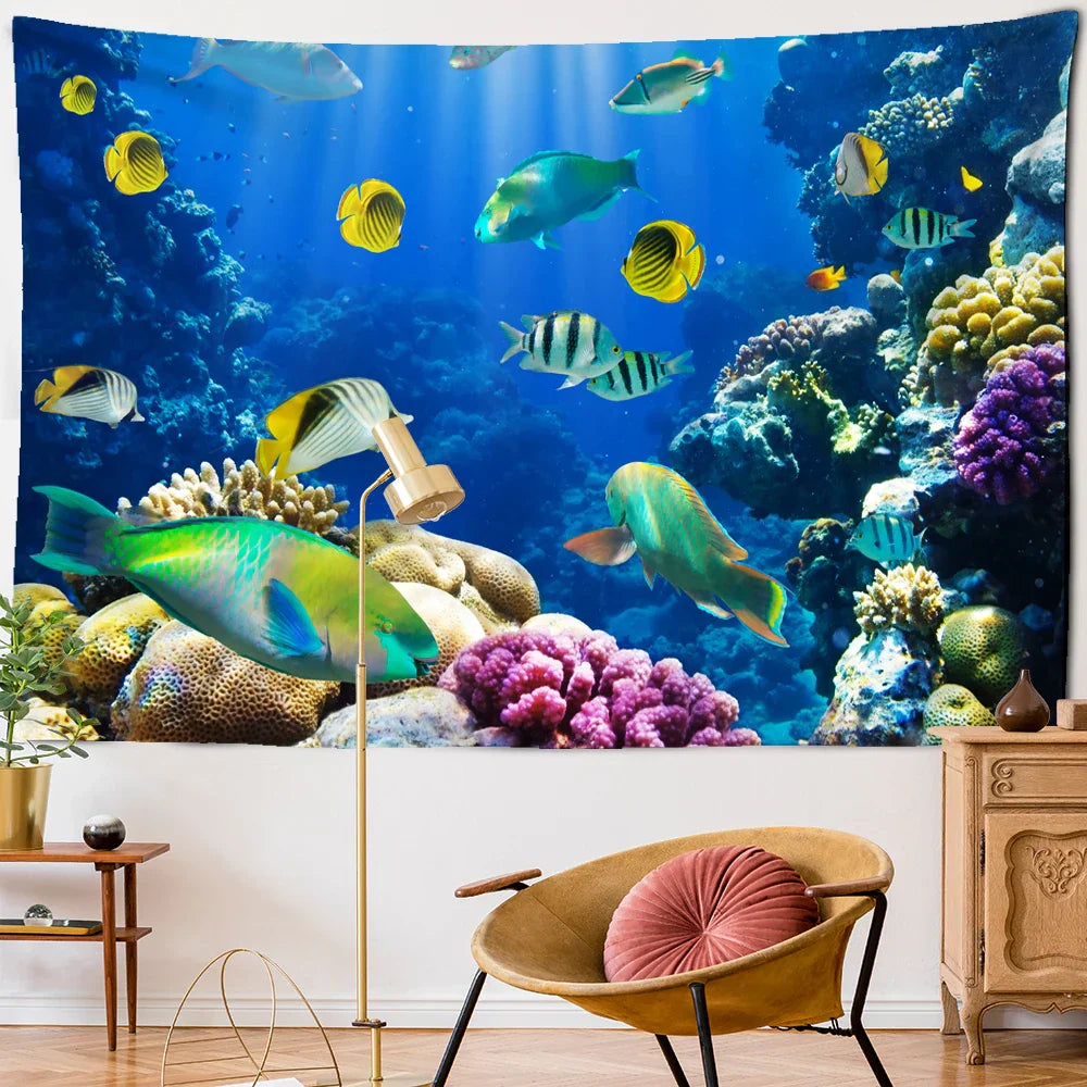 Decobites Underwater World Fish Tapestry: Psychedelic Marine Animal Wall Hanging