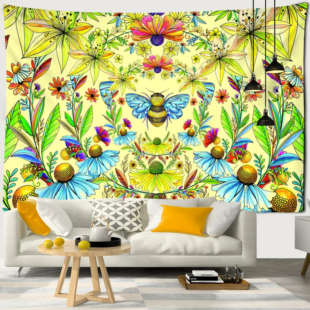 Decobites Plants Honeybee Wall Hanging Tapestry, Bohemian Beach Mat, Yoga Mat, Bedroom Art Decor