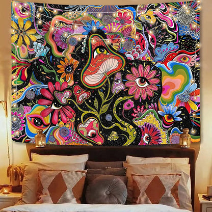 Psychedelic Mushroom Trippy Tapestry for Colorful Hippy Wall Art Decor by Decobites