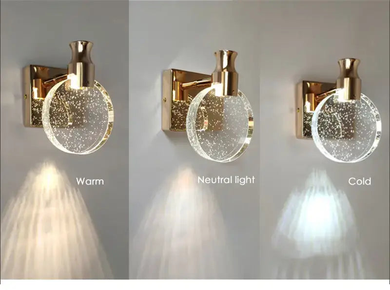 modern gold crystal led wall lamp featuring a gold-toned wall sconce with a clear circular glass globe filled with sparkling particles suitable for bathroom use