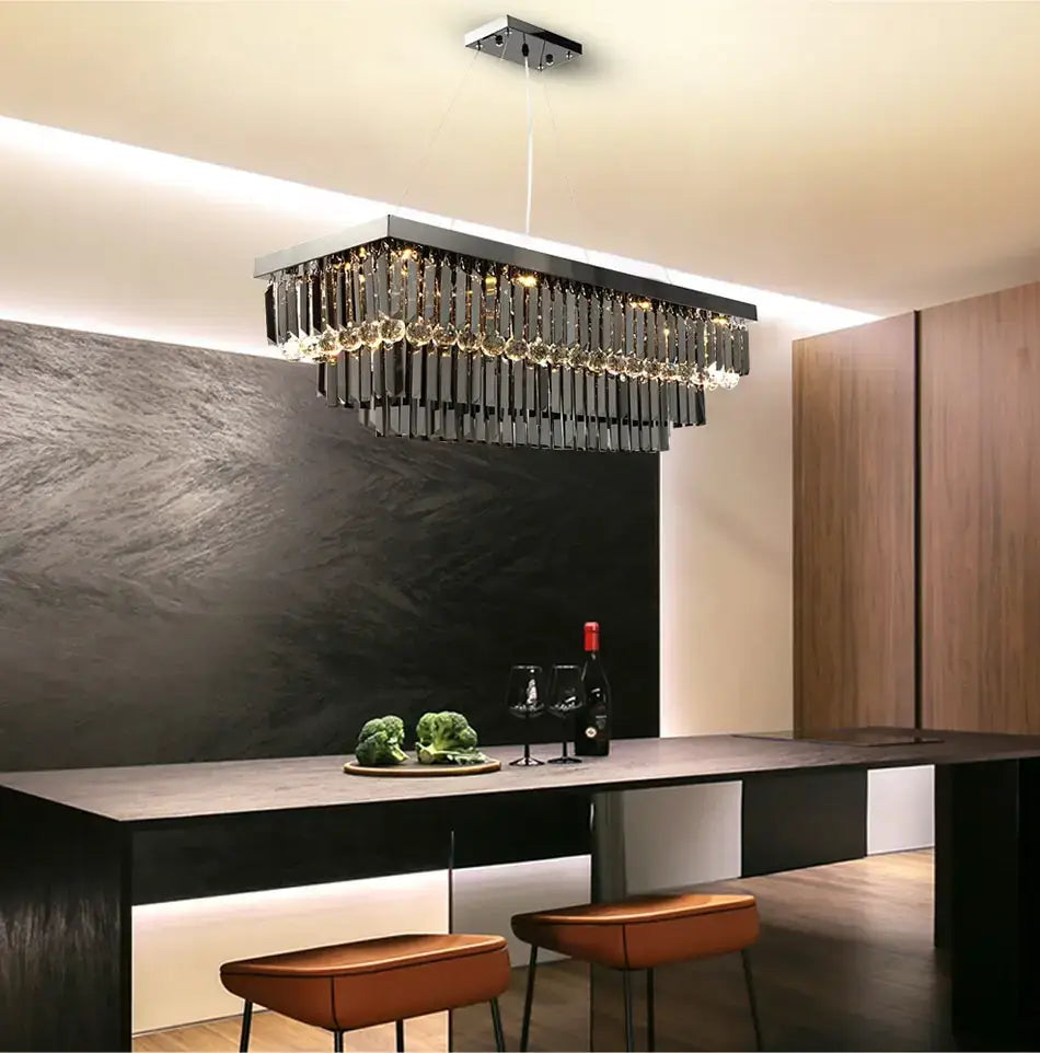 Modern black rectangle crystal chandelier featuring cascading crystal droplets and a sleek black metal frame for dining room hanging light.