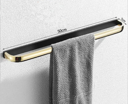 DecorBites™ Gold & Black Bathroom Hardware Set: Shelf, Towel Rack, Paper Holder, Brush Holder