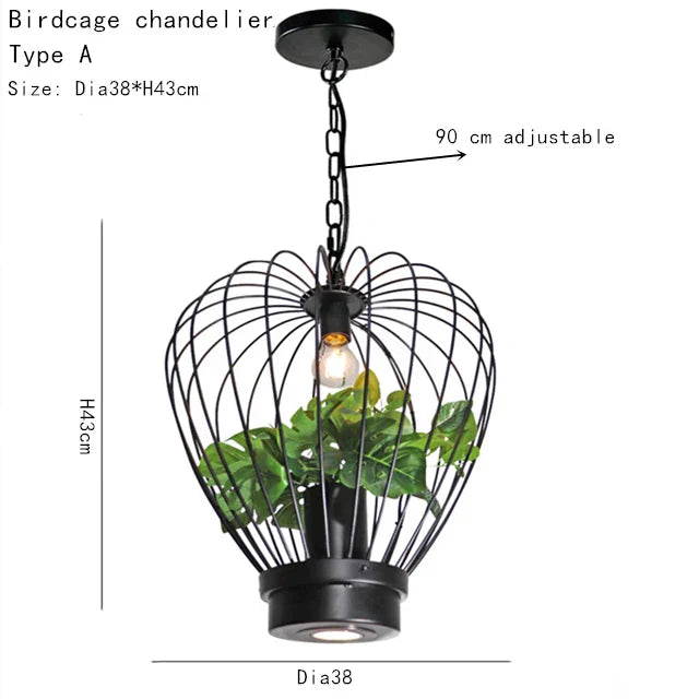 Lámpara de araña DecorBites™ con forma de jaula para pájaros y plantas verdes: Lámpara colgante de estilo industrial retro