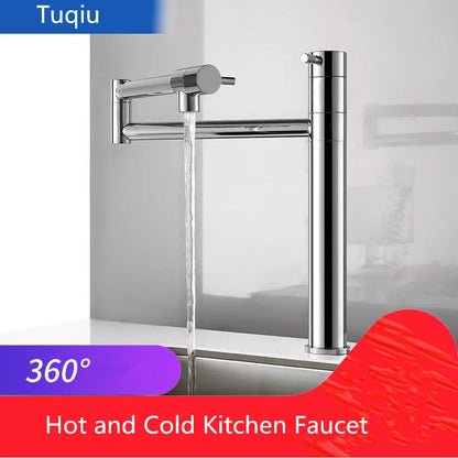 صنبور مطبخ قابل للطي من DecorBites™ بزاوية 360 درجة، مصنوع من الكروم، خلاط حوض ساخن وبارد، مثبت على سطح نحاسي