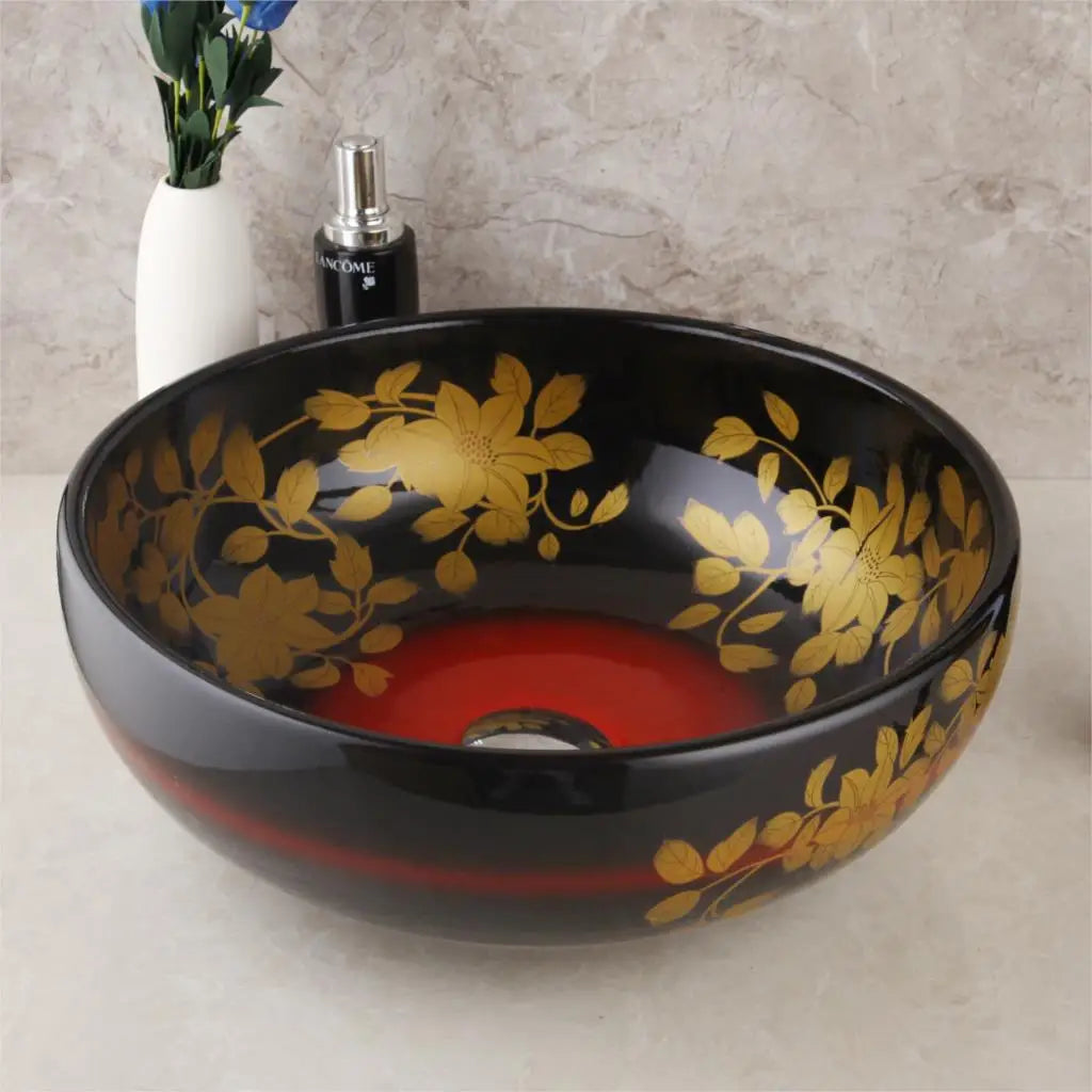 DecorBites™ Black Ceramic Hand-Painted Washbasin with Swivel Brass Faucet