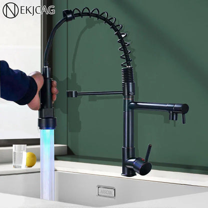 DecorBites™ LED Spring Kitchen Faucet: Dual Swivel Spout, Pull Down, Hot Cold Mixer Tap