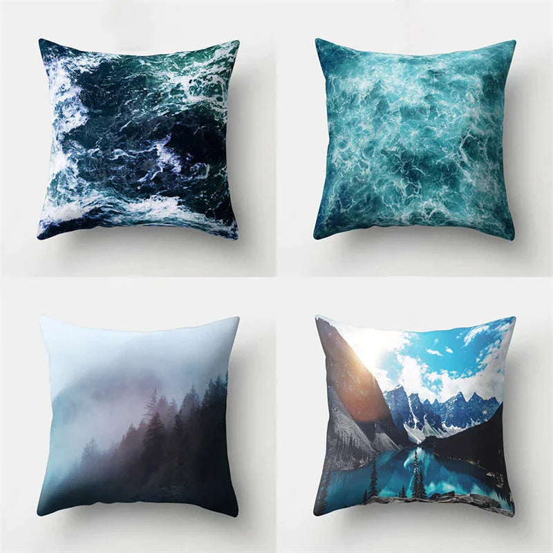 Funda de almohada DecorBites™ con hojas tropicales verdes y diseño de bosque - Decoración natural de olas del océano y montañas