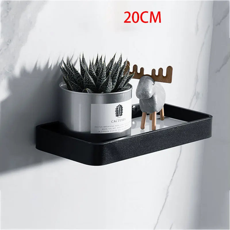 رف زاوية حمام زجاجي أسود من DecorBites™، رف مستحضرات تجميل من الألومنيوم لغرفة الاستحمام