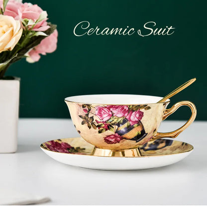 Juego de taza de té DecorBites™ de porcelana fina con platillo y cuchara - Elegante vajilla para fiestas de té negro
