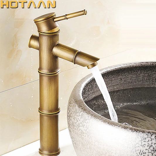 DecorBites™ Antique Brass Bamboo Style Basin Faucet, Vintage Bronze Finish, Single Handle Hot/Cold Tap