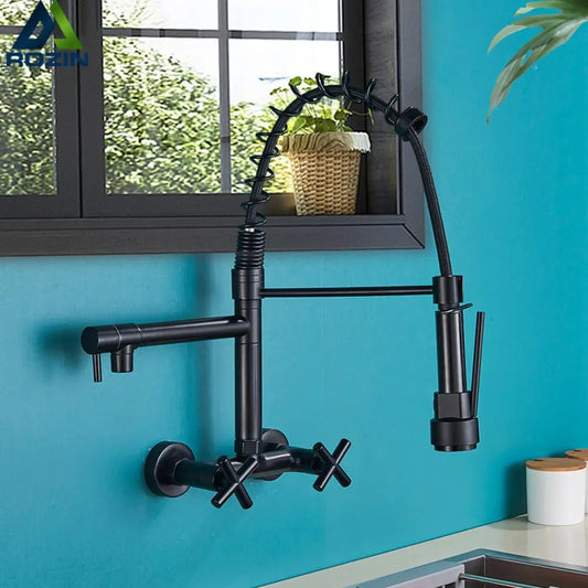DecorBites™ Black Wall-Mounted Kitchen Faucet with Swivel Spout and Dual Handles