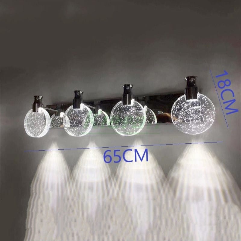 modern gold crystal led wall lamp for bathroom with three globe light featuring a simple crystal led design and sleek black fixtures.