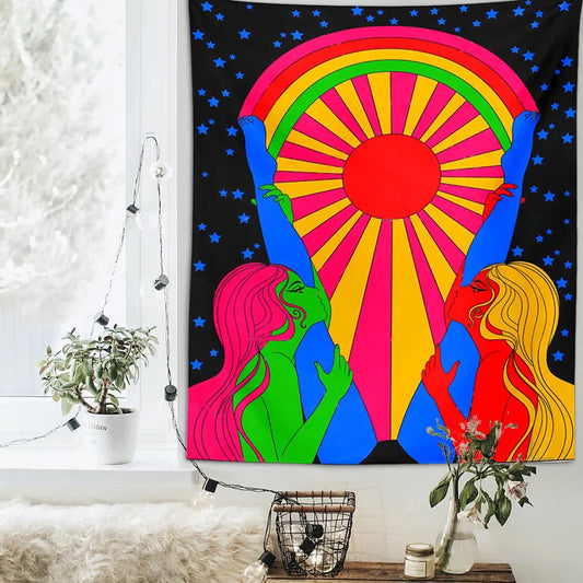 Decobites Retro Rainbow Sun Tapestry: Boho Aesthetic Wall Art for Home Decor