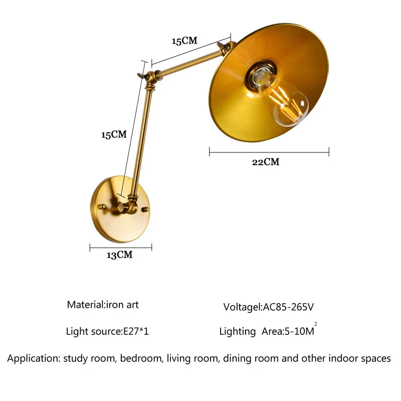 Lámpara de pared de brazo largo ajustable Gold™ Decorbites - Estilo retro con brazo flexible para hogar y restaurante