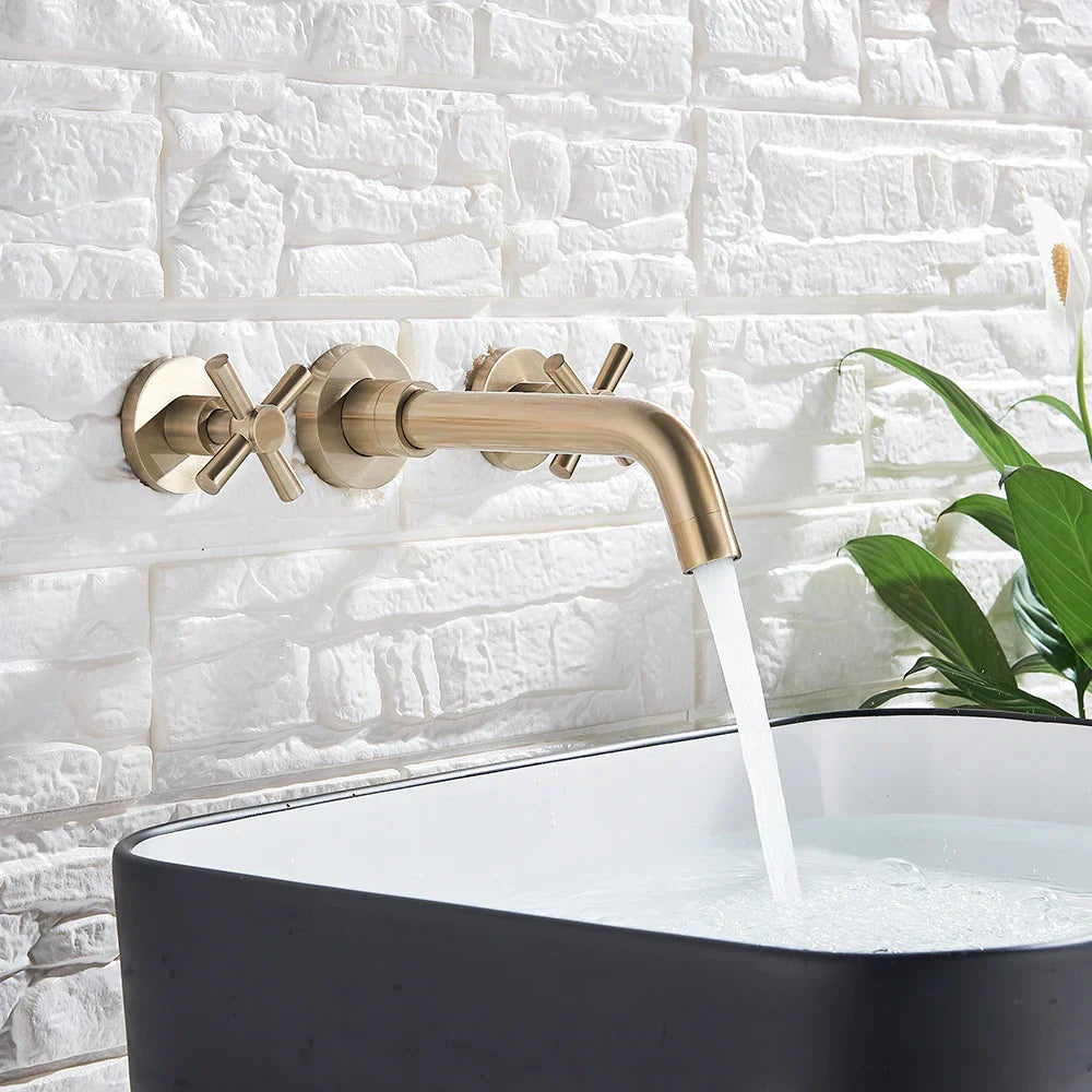 Gold Wall Basin Faucet Dual-Handle Brushed Gold