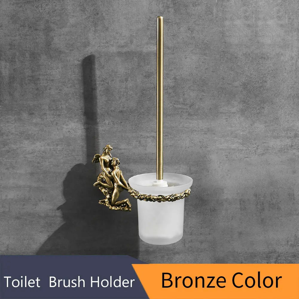 DecorBites™ Gold/Silver Romantic Toilet Brush Holder Set with Glass Cup & Brass Handle