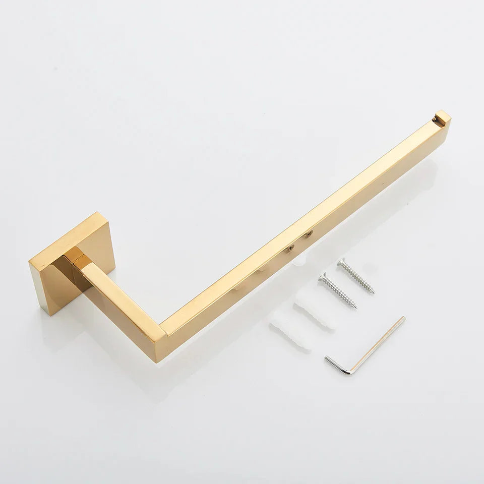 Conjunto de Herrajes de Baño Decorbites™ Oro: Gancho para Batas, Barra para Toallas, Estante, Soporte para Papel Higiénico