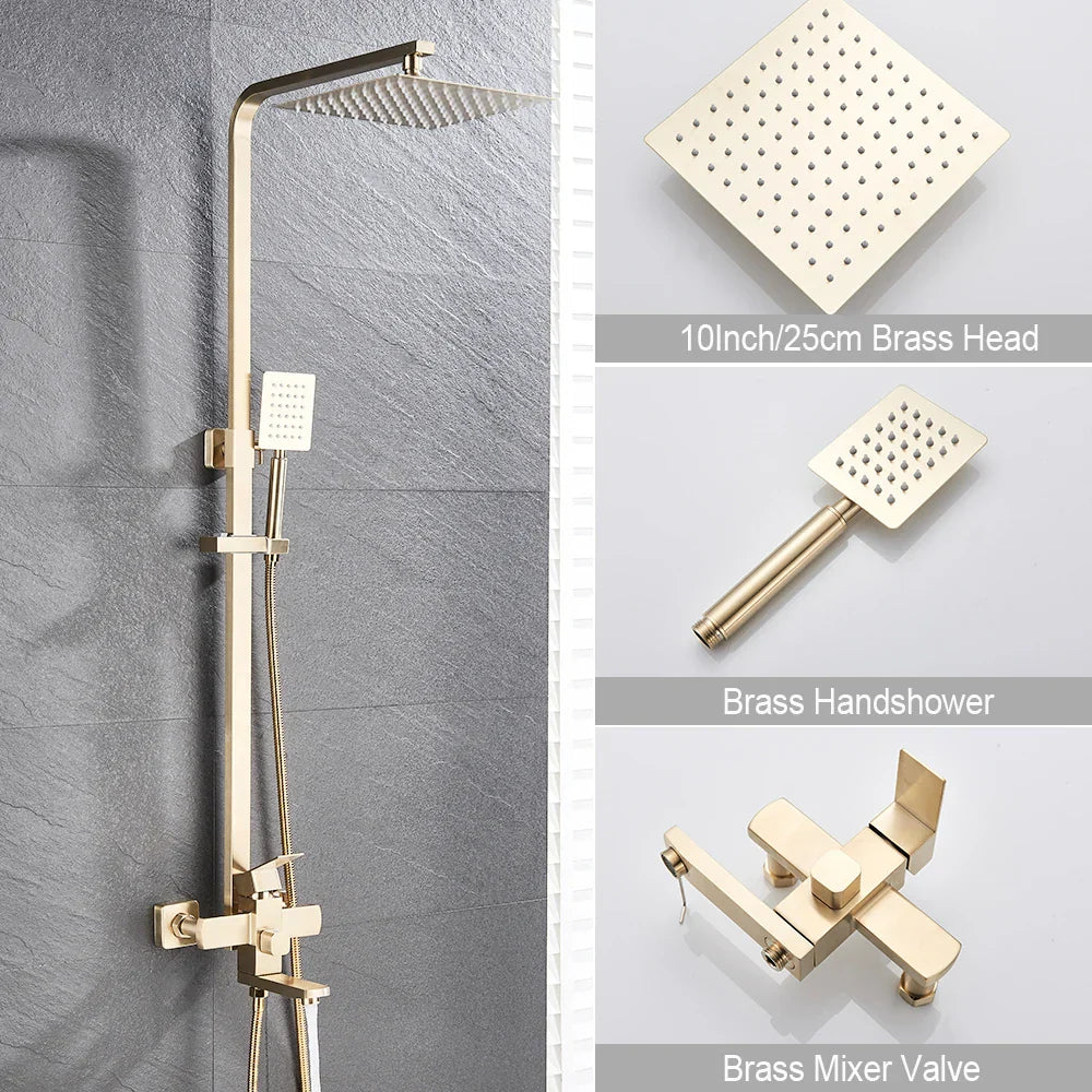 Mezclador de ducha DecorBites™ en oro cepillado con caño giratorio para bañera y rociador tipo lluvia de 8".