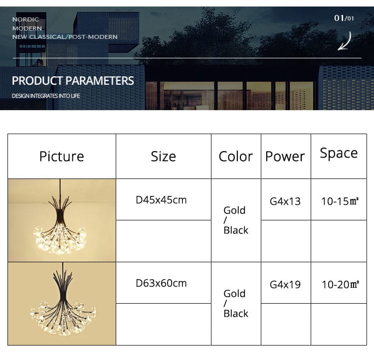 Gold and black modern led flowers chandelier with a sleek branching design resembling dandelion seeds and crystals, ideal for dining room use.