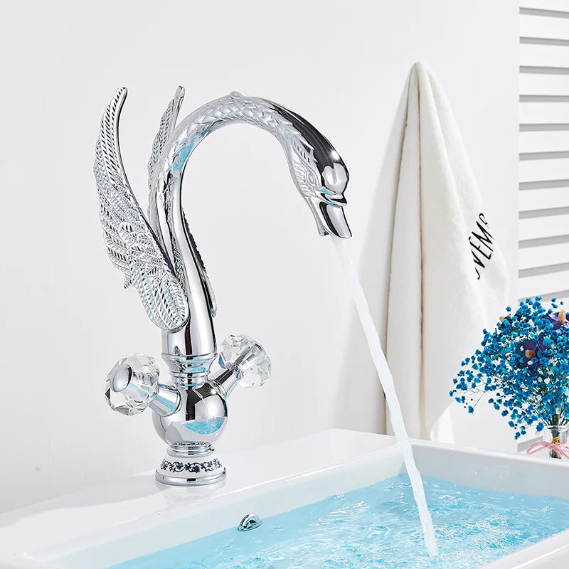 DecorBites™ Gold Swan Basin Faucet: Deck Mounted Bathroom Mixer Tap with Hot and Cold Water
