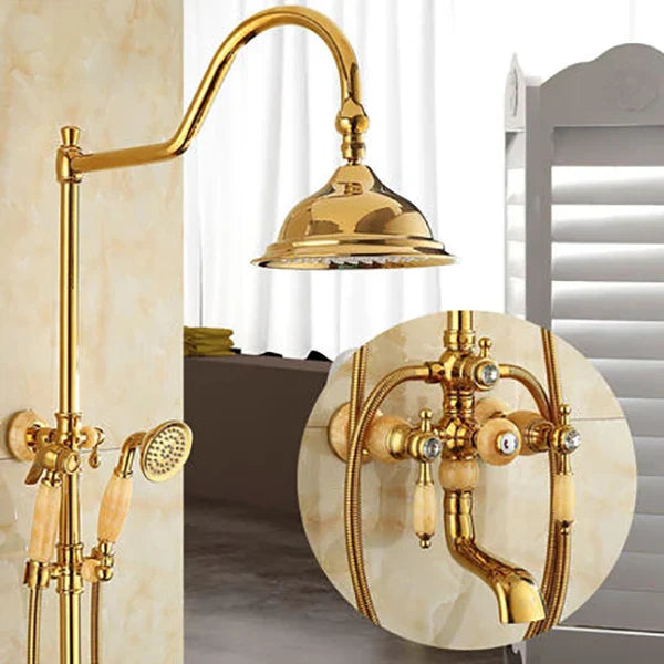 DecorBites™ Gold Brass Jade Bath Shower Set Wall Mounted Rainfall Hand Shower Faucet