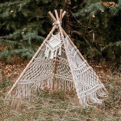 Decobites Macrame Kids Tent with Wooden Stick Holder for Boho Decor